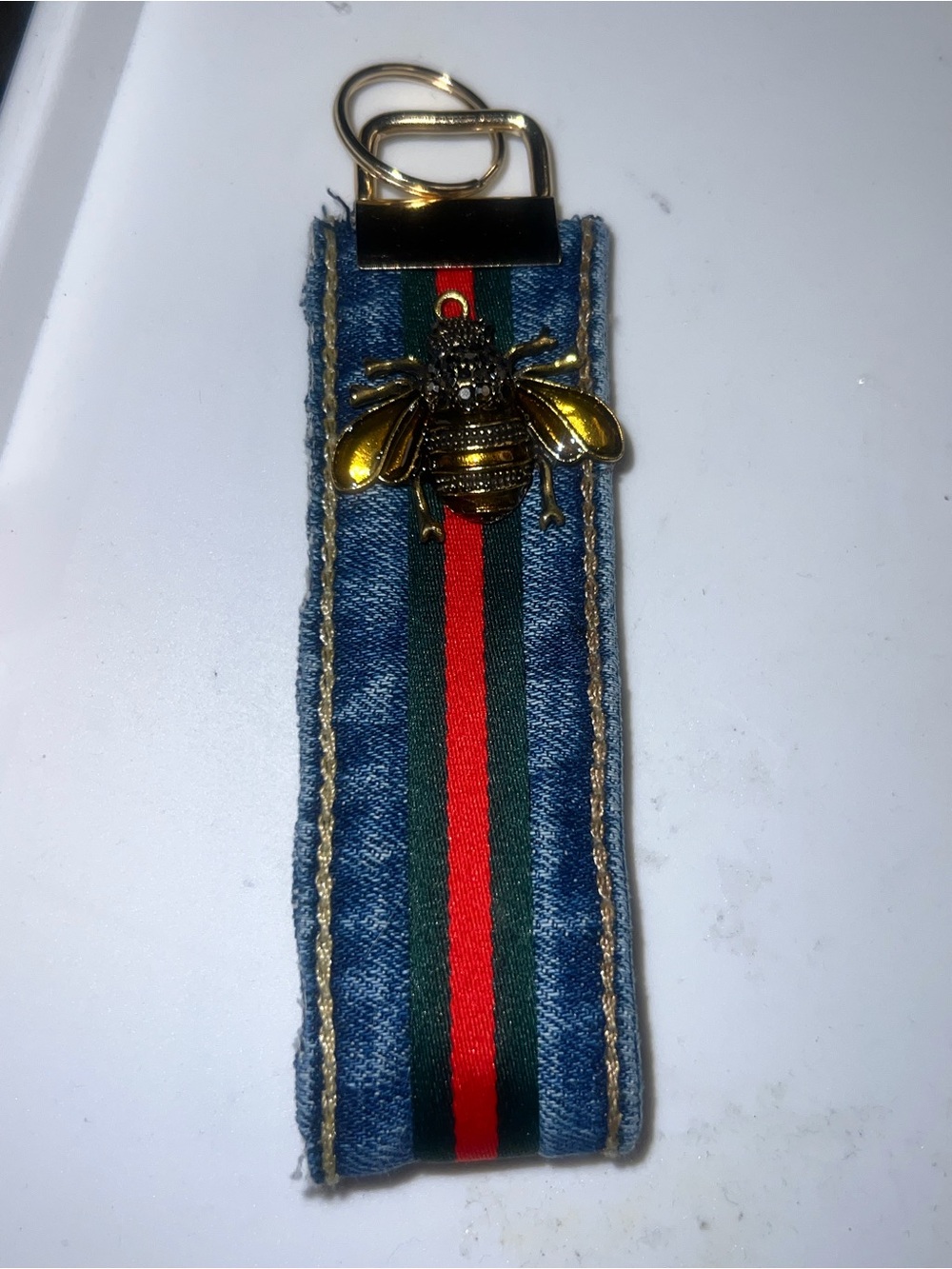 Denim Stripe Key Fob with Gold Bee Accent - Blue/Red/Green